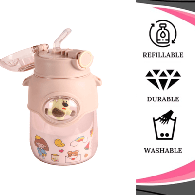 Kids Water Bottle with Straw Strap_Pink